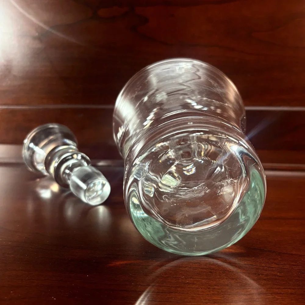 Toscany Hand Made Glass Decanter with Stopper Clear Romania Barware MCM w/ Label